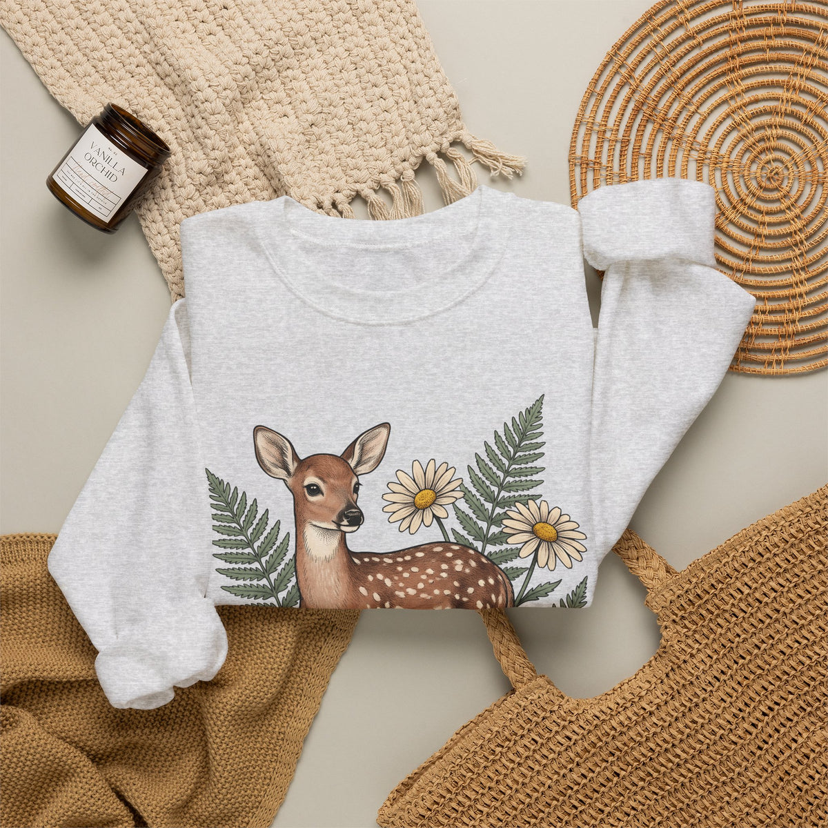 Deer Illustration Sweatshirt Boho Chic Outdoor Gift Women Floral Sweatshirt Fawn Sweatshirt Bohemian Fan Botanical Sweatshirt Wilderness Graphic Retro Flower