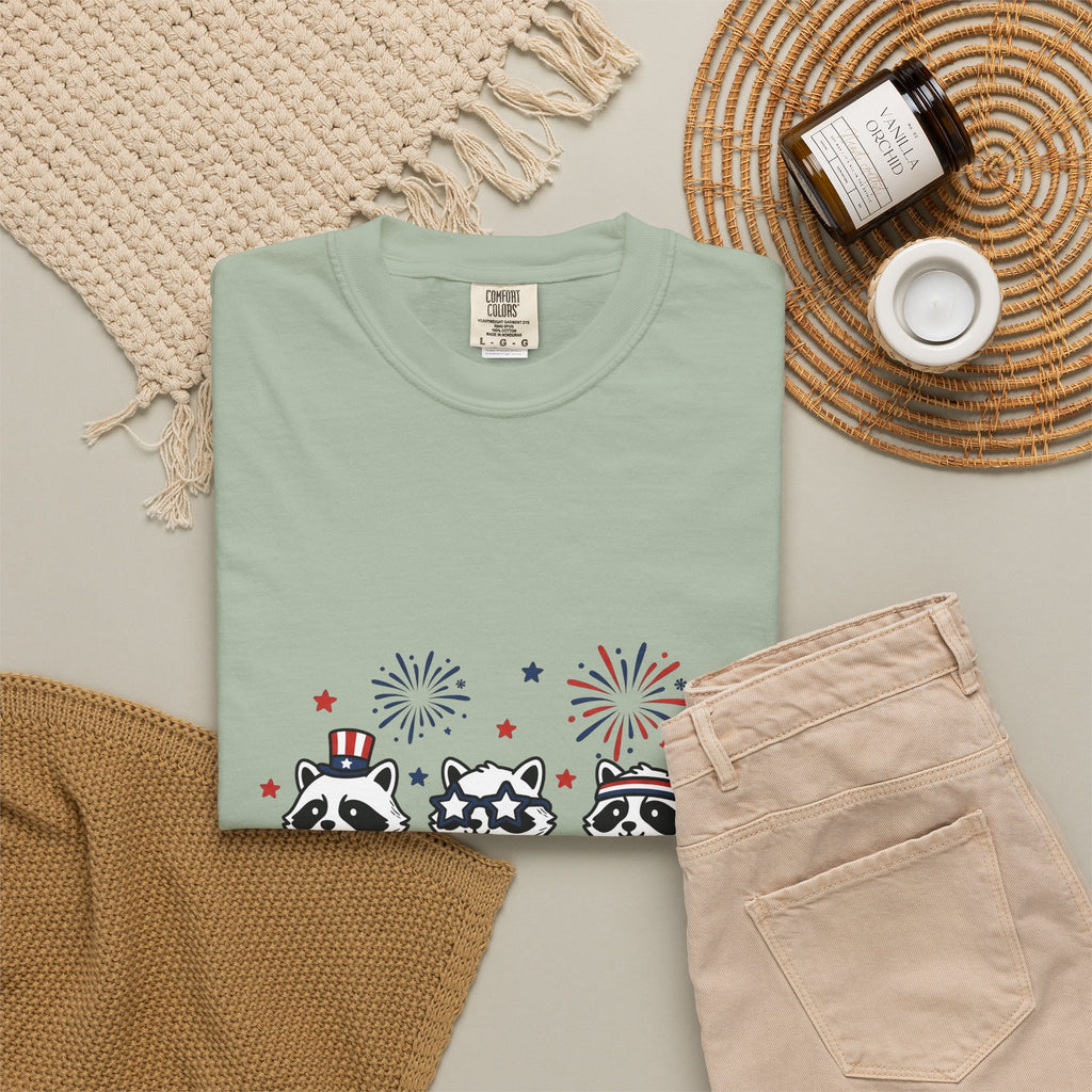 Raccoon Pack T-Shirt 4th Of July Fauna Gift Women Hand Drawn T-Shirt Trash Panda T-Shirt Independence Day Fan Illustrated T-Shirt Wildlife Graphic