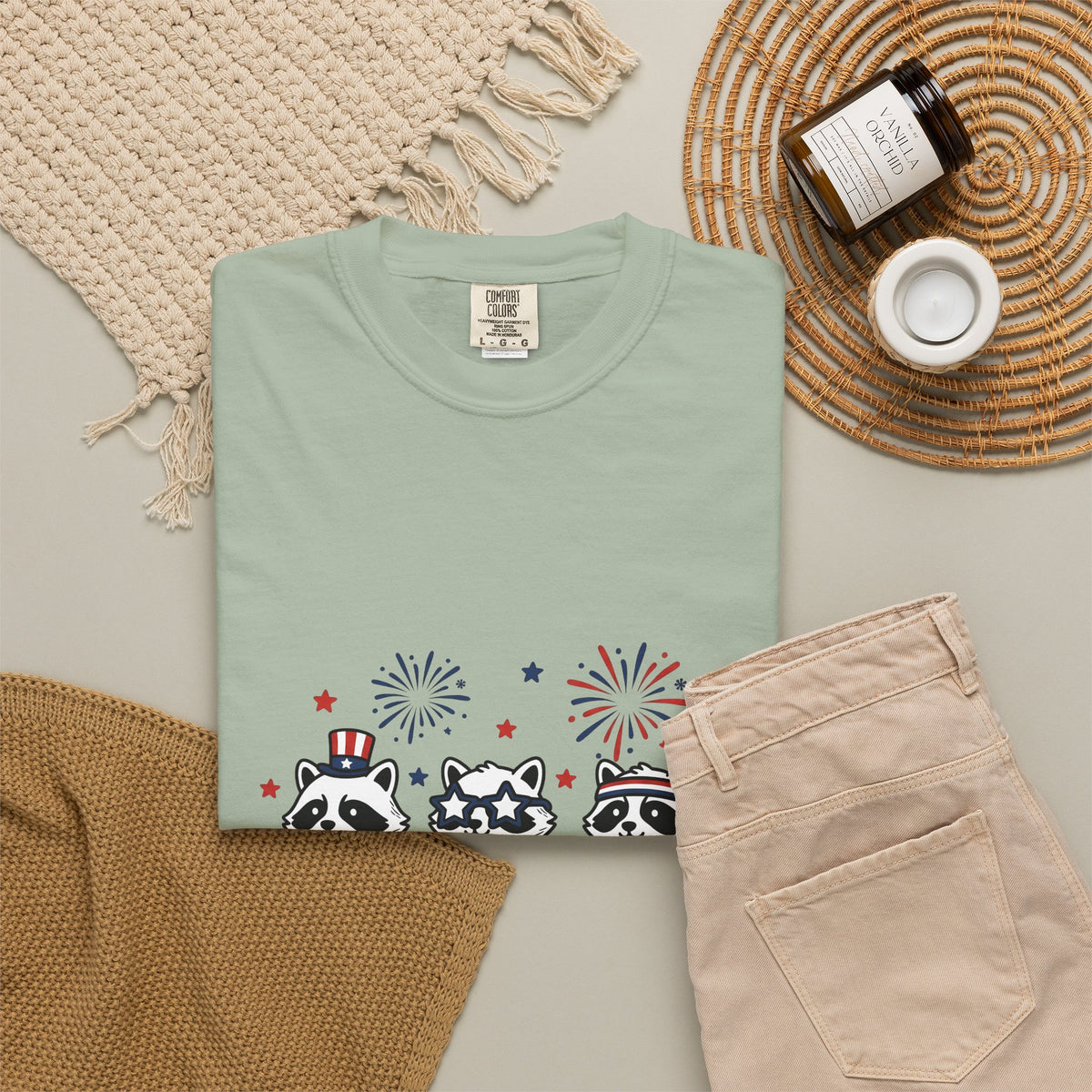 Raccoon Pack T-Shirt 4th Of July Fauna Gift Women Hand Drawn T-Shirt Trash Panda T-Shirt Independence Day Fan Illustrated T-Shirt Wildlife Graphic