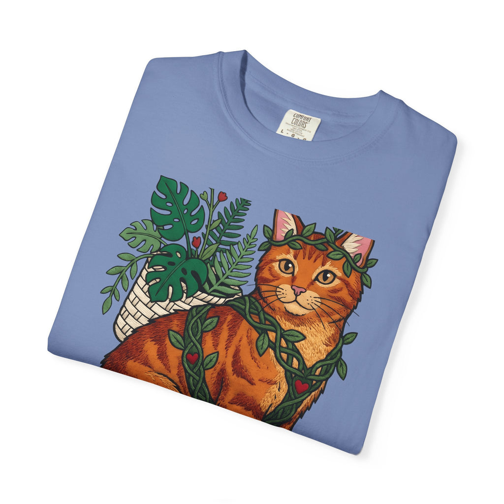 Ginger Cat T-Shirt Cat Wildlife Gift Women Floral T-Shirt Orange Cat T-Shirt Cat Fan Feline Graphic T-Shirt Sketch Indoor Plants T-Shirt