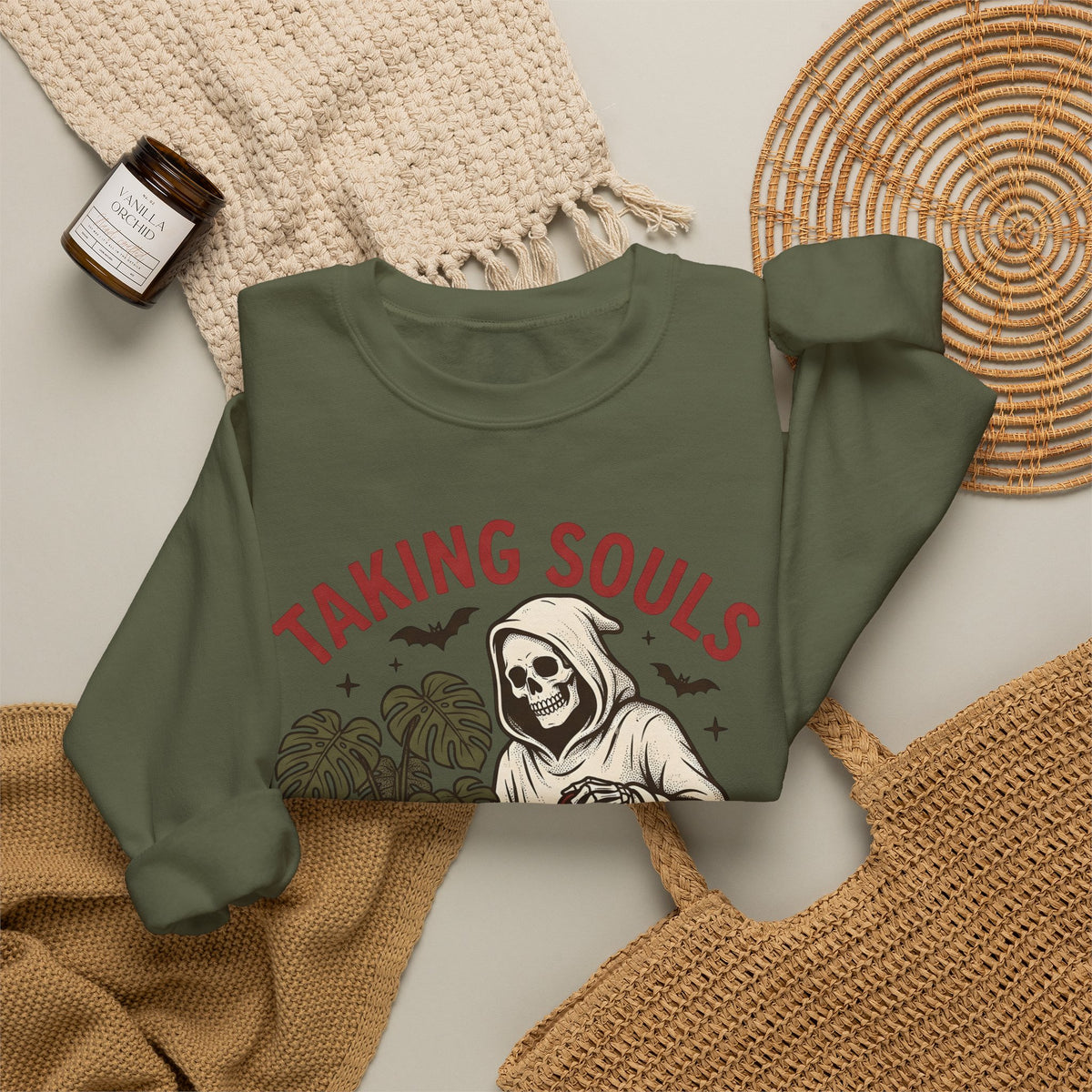 Skull Harvester Sweatshirt Halloween Outdoors Gift Women Classic Sweatshirt Reaper Sweatshirt Horror Fan Skull Sweatshirt Wilderness Graphic Line Art Jungle