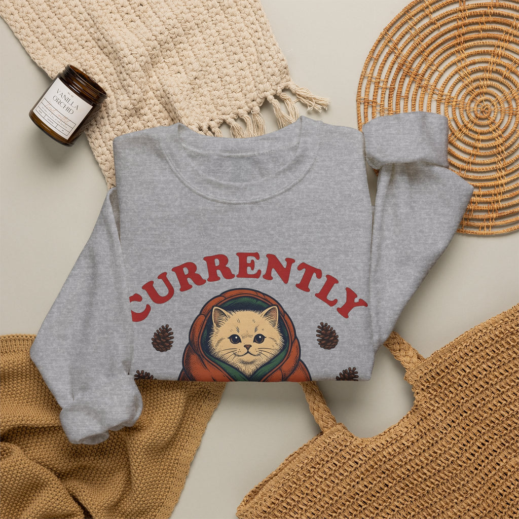 Warm Cat Sweatshirt Cat Backpacking Gift Women Farmhouse Sweatshirt Kitty Sweatshirt Feline Fan Rustic Sweatshirt Hiking Graphic Line Art Conifer Cones Sweatshirt