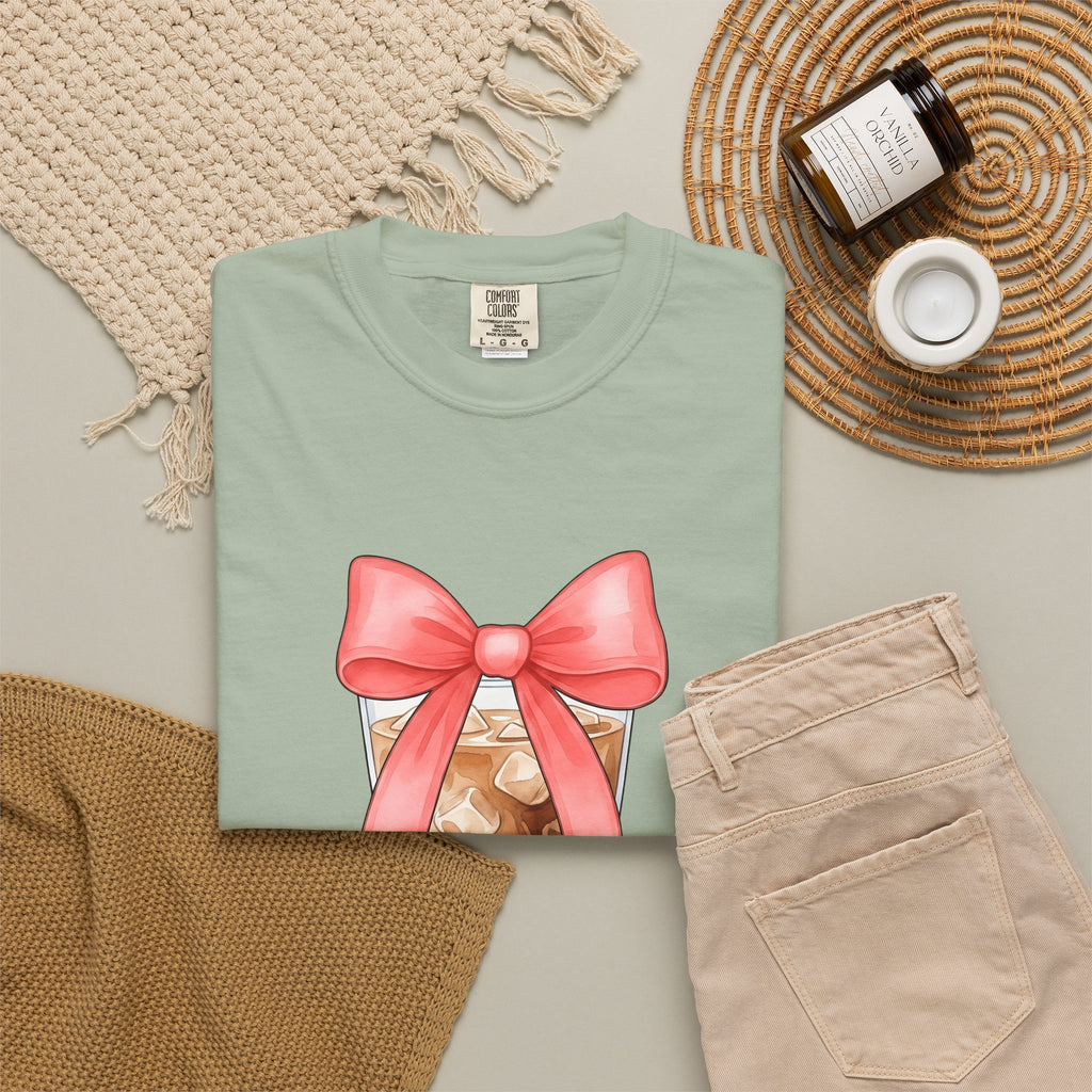 Iced Coffee T-Shirt Coffee Mom Gift Women Watercolor T-Shirt Cold Brew T-Shirt Coffee Fan Watercolour T-Shirt Mother Graphic Hand Drawn Pink Bow