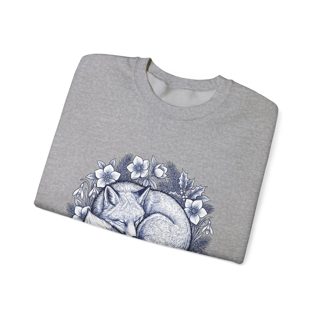 Fox Blossom Sweatshirt Christmas Creature Gift Women Cartoon Sweatshirt Flower Sweatshirt Xmas Fan Comic Sweatshirt Beast Graphic Hand Drawn Pine Branch Sweatshirt