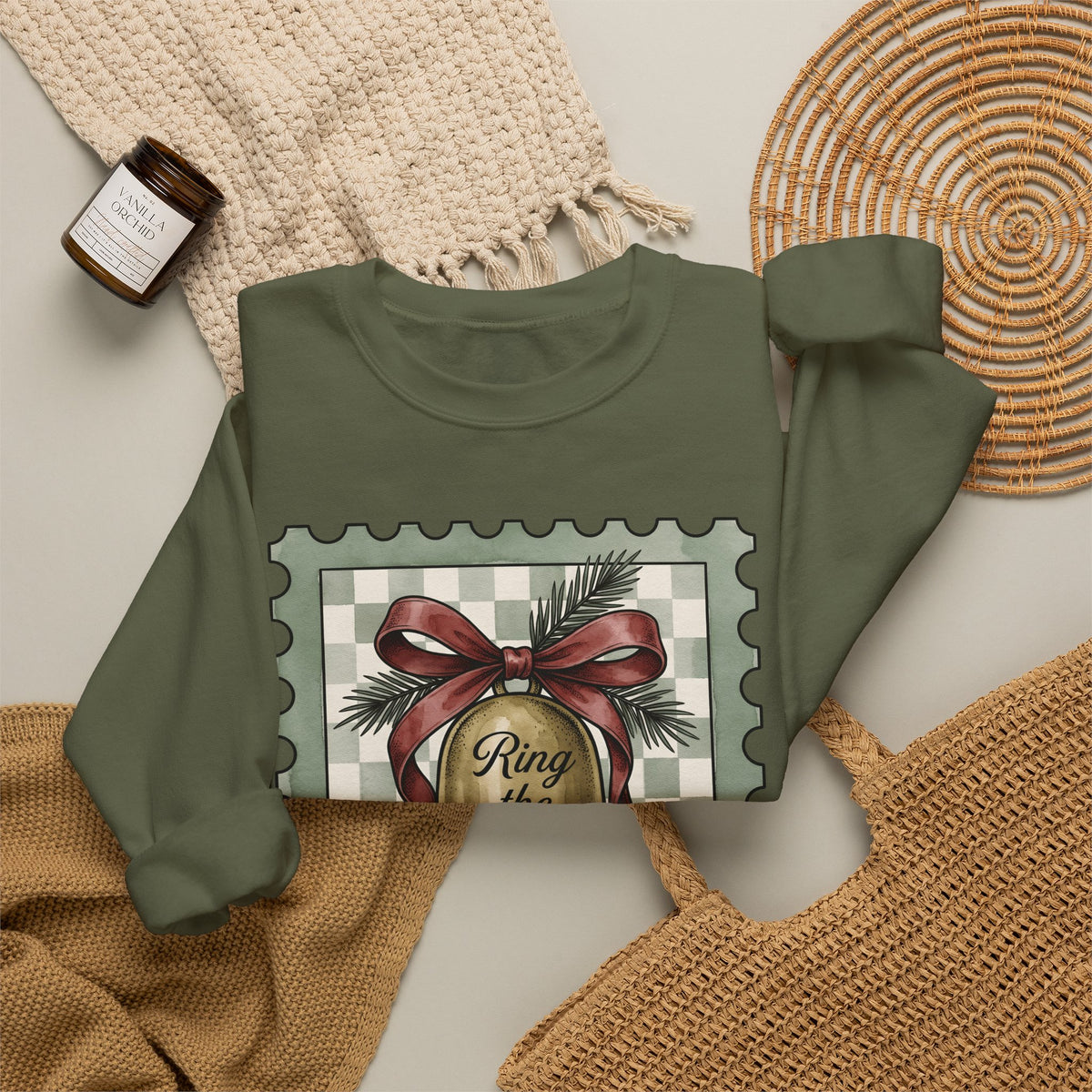 Festive Bell Sweatshirt Christmas Seasonal Gift Women Retro Sweatshirt Jingle Bell Sweatshirt Christmas Fan Vintage Sweatshirt Holiday Graphic Rustic Fir Twig