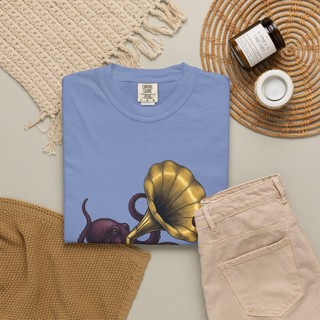 Octopus Phonograph T-Shirt Animal Sound Gift Women Classic T-Shirt Gramophone T-Shirt Pet Fan Retro T-Shirt Audio Graphic Doodle Music Player