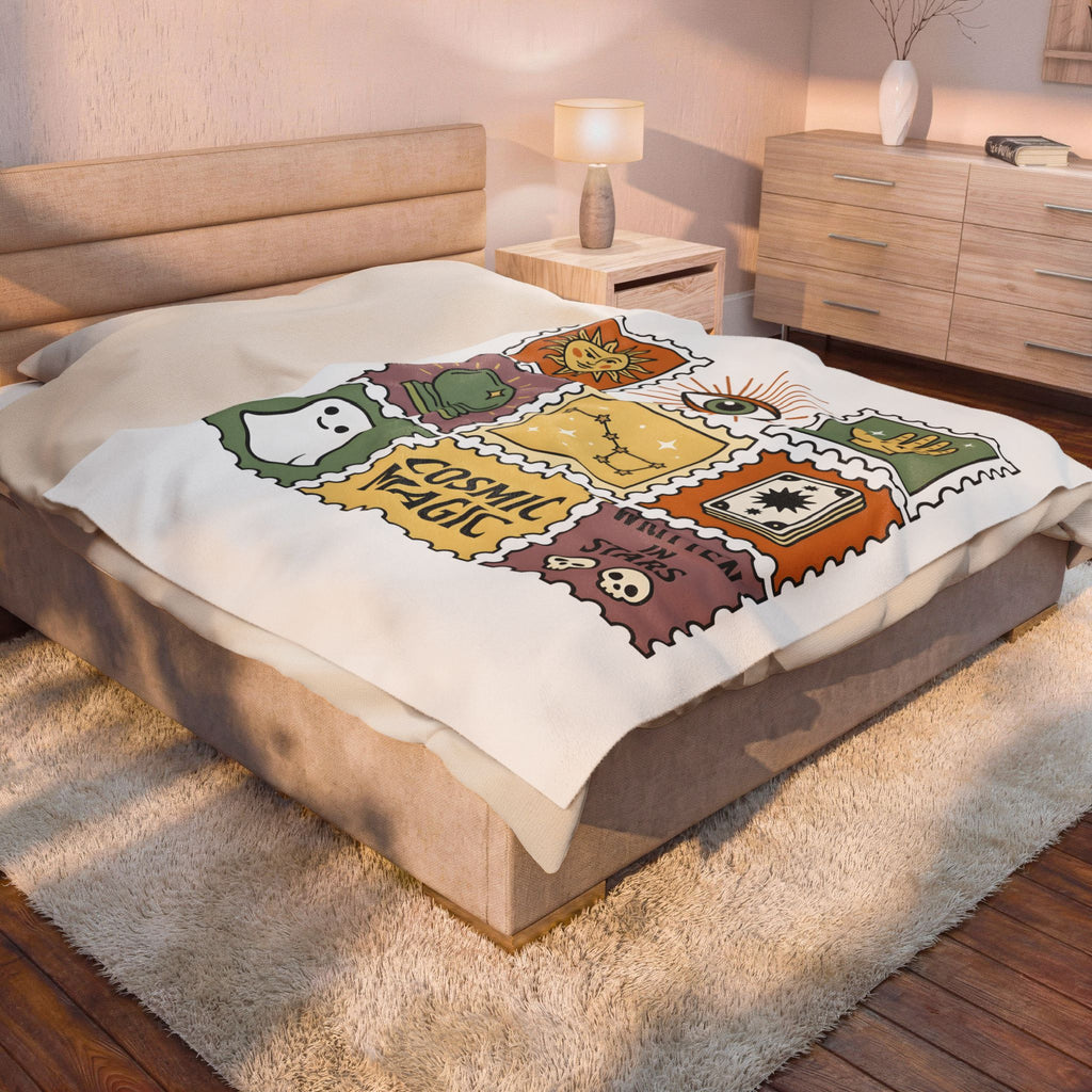 Magic Stamps Blanket Halloween Zodiac Gift Women Hippie Blanket Rubber Stamp Blanket Horror Fan Psychedelic Blanket Astrology Graphic Vintage