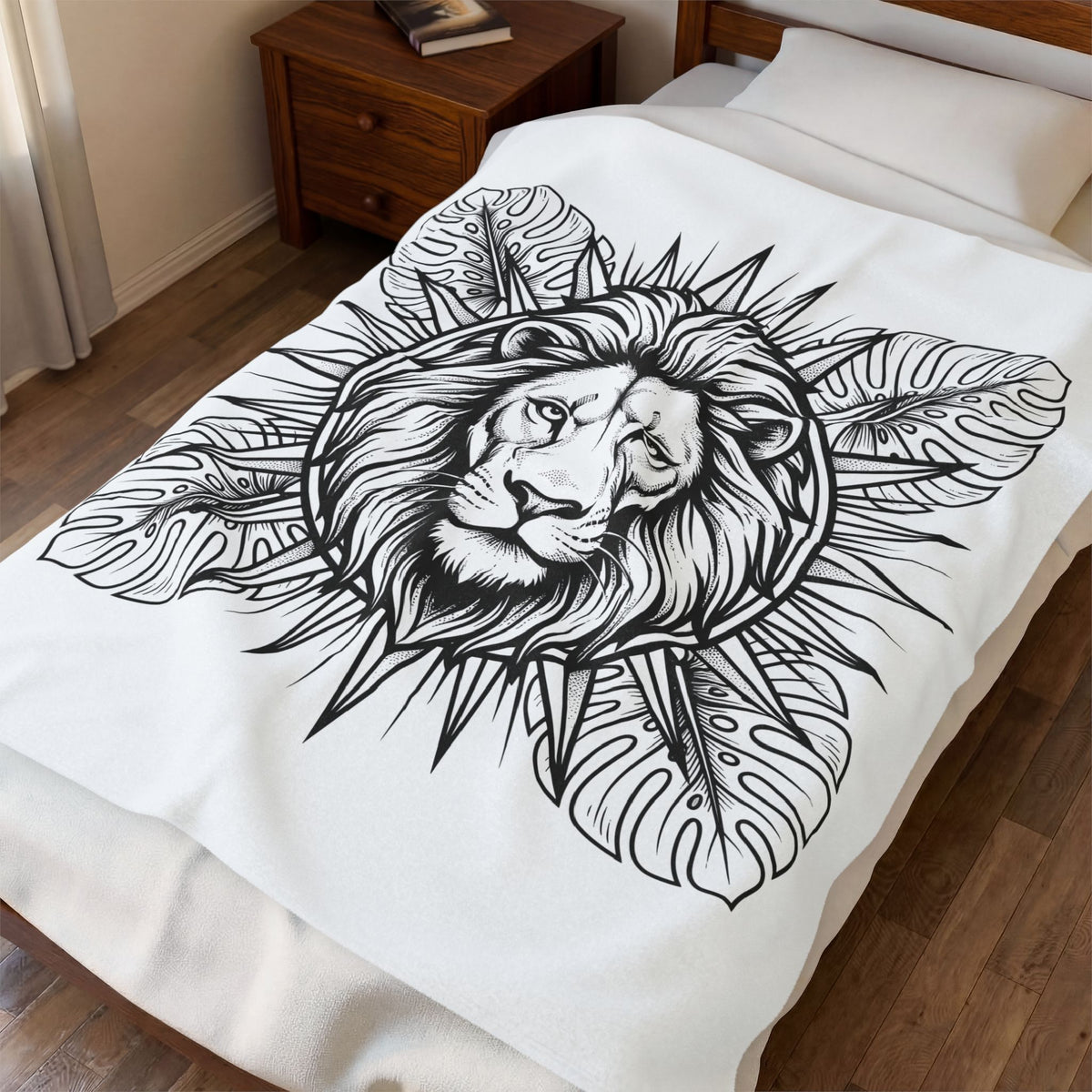 Lion Face Blanket Boho Chic Wildlife Gift Women Sketch Blanket Lion Blanket Bohemian Fan Drawing Graphic Wildlife Graphic Geometric Jungle Leaves