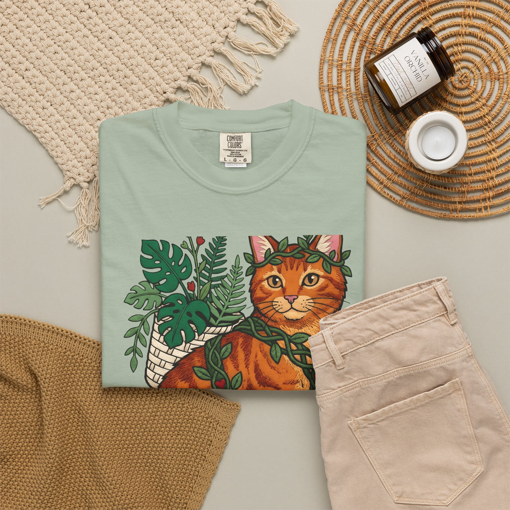 Ginger Cat T-Shirt Cat Wildlife Gift Women Floral T-Shirt Orange Cat T-Shirt Cat Fan Feline Graphic T-Shirt Sketch Indoor Plants T-Shirt