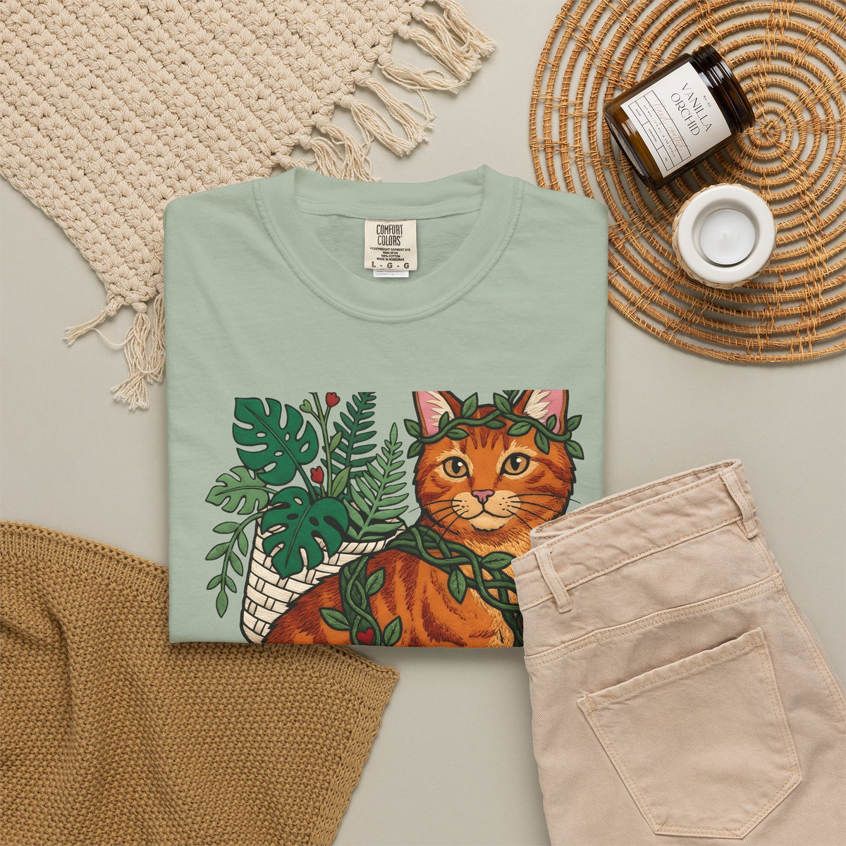 Ginger Cat T-Shirt Cat Wildlife Gift Women Floral T-Shirt Orange Cat T-Shirt Cat Fan Feline Graphic T-Shirt Sketch Indoor Plants T-Shirt