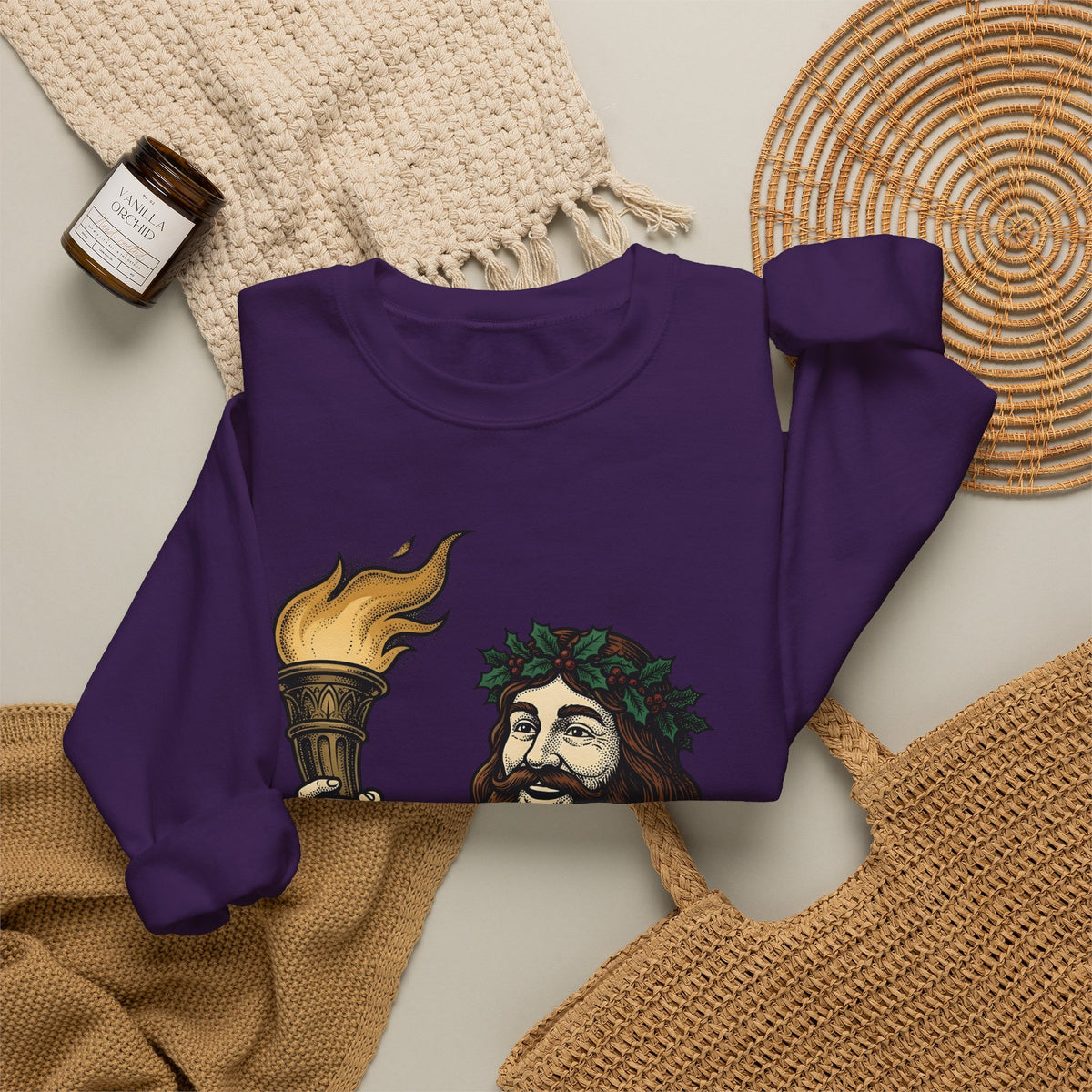 Santa Torch Sweatshirt Christmas Holiday Gift Women Vintage Sweatshirt Torch Sweatshirt Christmas Fan Retro Sweatshirt Seasonal Graphic Hand Drawn Holly Crown
