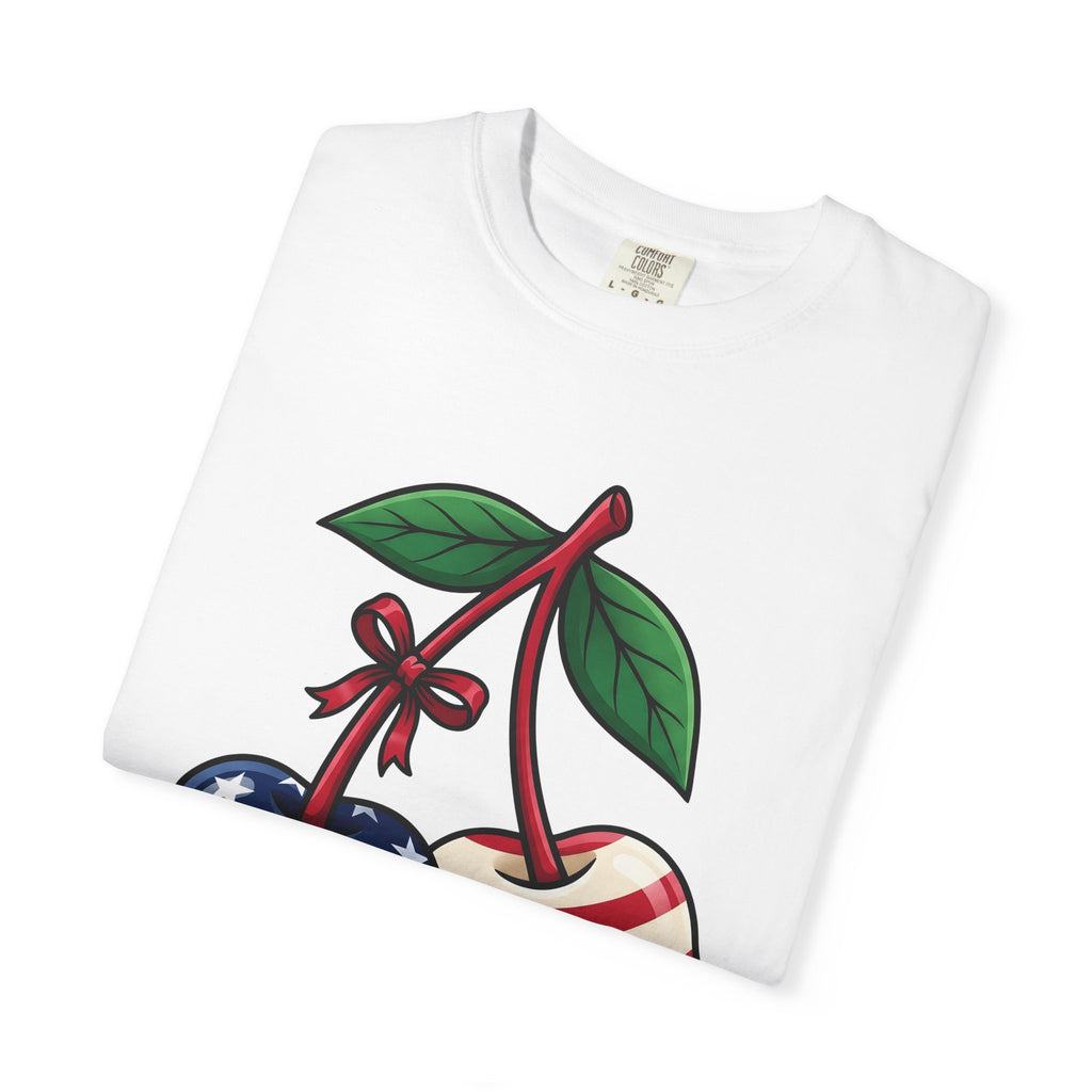 American Cherries 4Th Of July Beach Gift Comic Cherry Independence Day Fan Cartoon Coastal T-Shirt