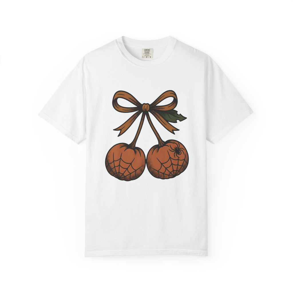 Pumpkin Cherry T-Shirt Halloween Seasonal Gift Women Farmhouse T-Shirt Gourd T-Shirt Spooky Fan Rustic T-Shirt Autumn Graphic Line Art Arachnid