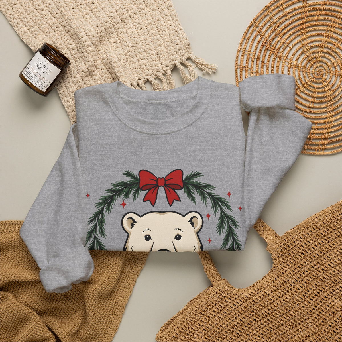 Arctic Bear Sweatshirt Christmas Wildlife Gift Women Comic Sweatshirt Polar Bear Sweatshirt Xmas Fan Cartoon Sweatshirt Animal Graphic Sketch Garland Sweatshirt