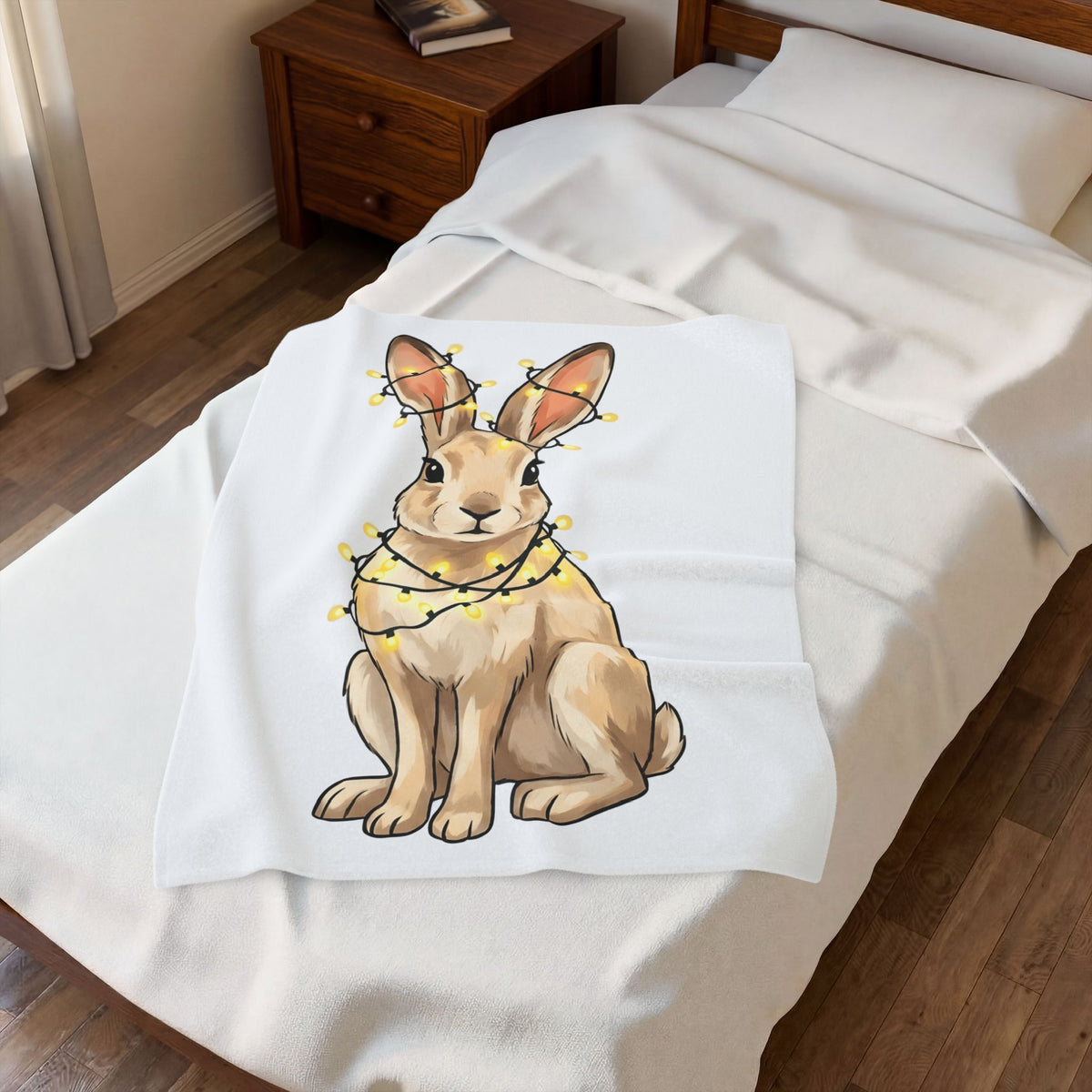 Bunny Blanket Animals Holiday Gift Women Cute Blanket Rabbit Blanket Pet Fan Cute Blanket Christmas Graphic Hand Drawn String Lights Blanket