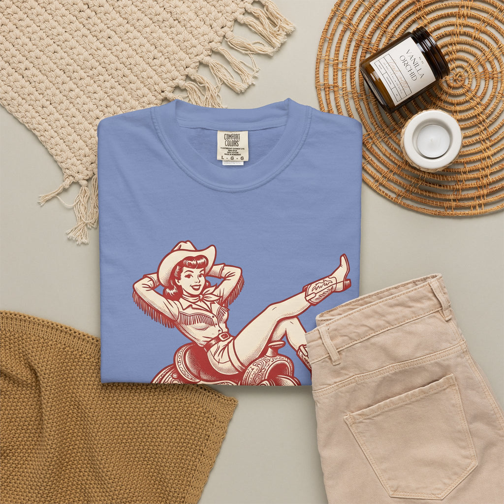 Pinup Cowgirl T-Shirt Cowgirl Rodeo Gift Women Western T-Shirt Cowgirl T-Shirt Cowboy Fan Western Art T-Shirt Rodeo Graphic Vintage Saddle T-Shirt