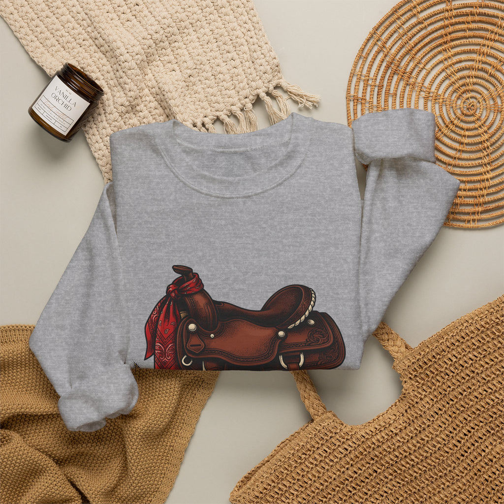 Western Saddle Cowgirl Western Gift Vintage Saddle Cowboy Fan Rodeo Hand Drawn Wheat Sweatshirt