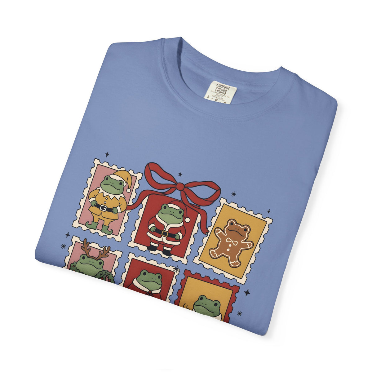 Frog Holiday Stamps T-Shirt Christmas Pets Gift Women Cute T-Shirt Toad T-Shirt Christmas Fan Kawaii T-Shirt Animal Graphic Vintage Festive Wreath