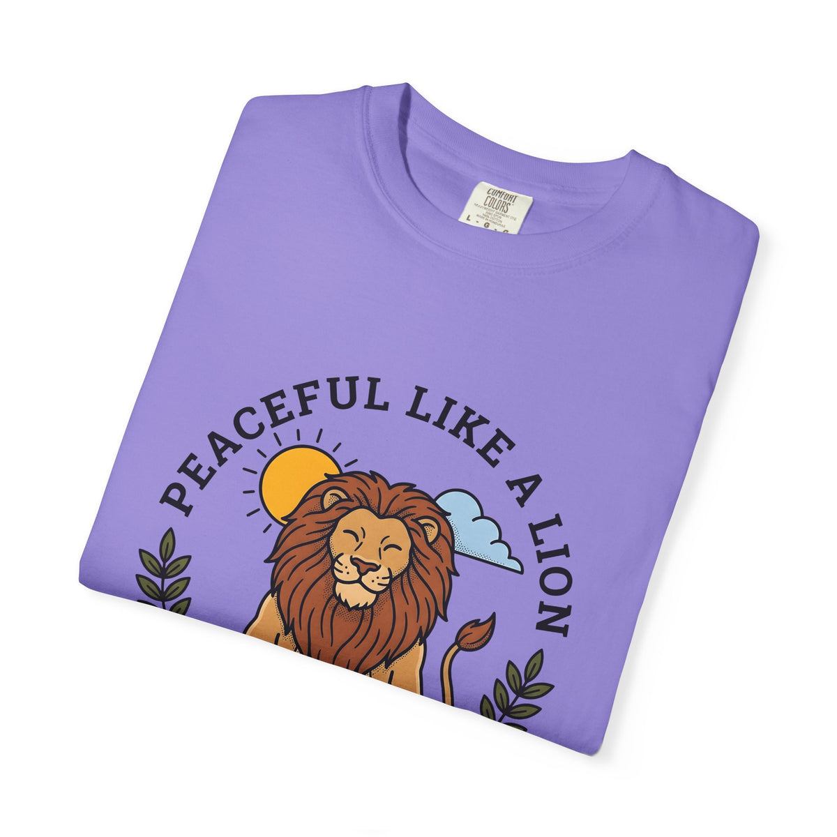 Meditating Lion T-Shirt Yoga Mindfulness Gift Women Cartoon T-Shirt Lioness T-Shirt Yoga Enthusiast Comic T-Shirt Meditation Graphic Minimalist Sun