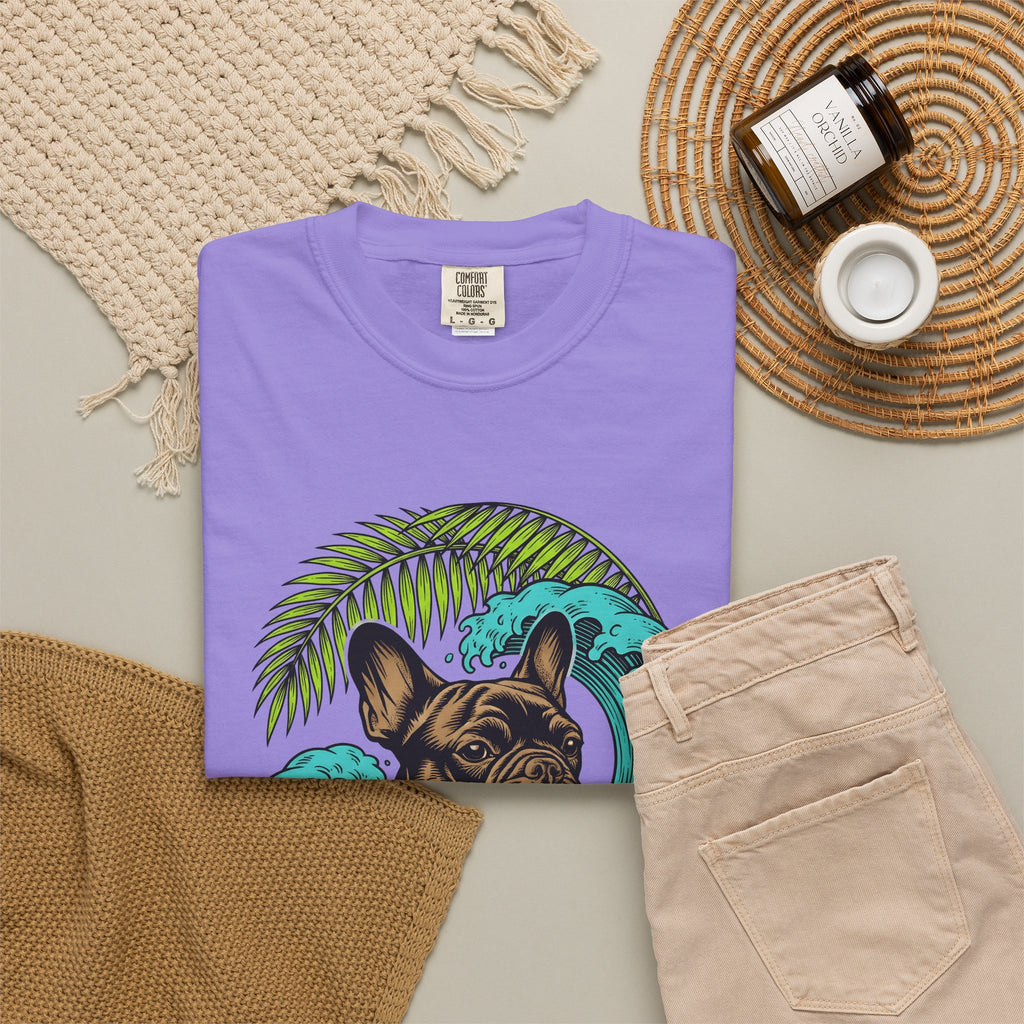 French Bulldog T-Shirt Dog Seaside Gift Women Illustrative T-Shirt Bulldog T-Shirt Dog Fan Frenchie T-Shirt Coastal Graphic Sketch Island Flower