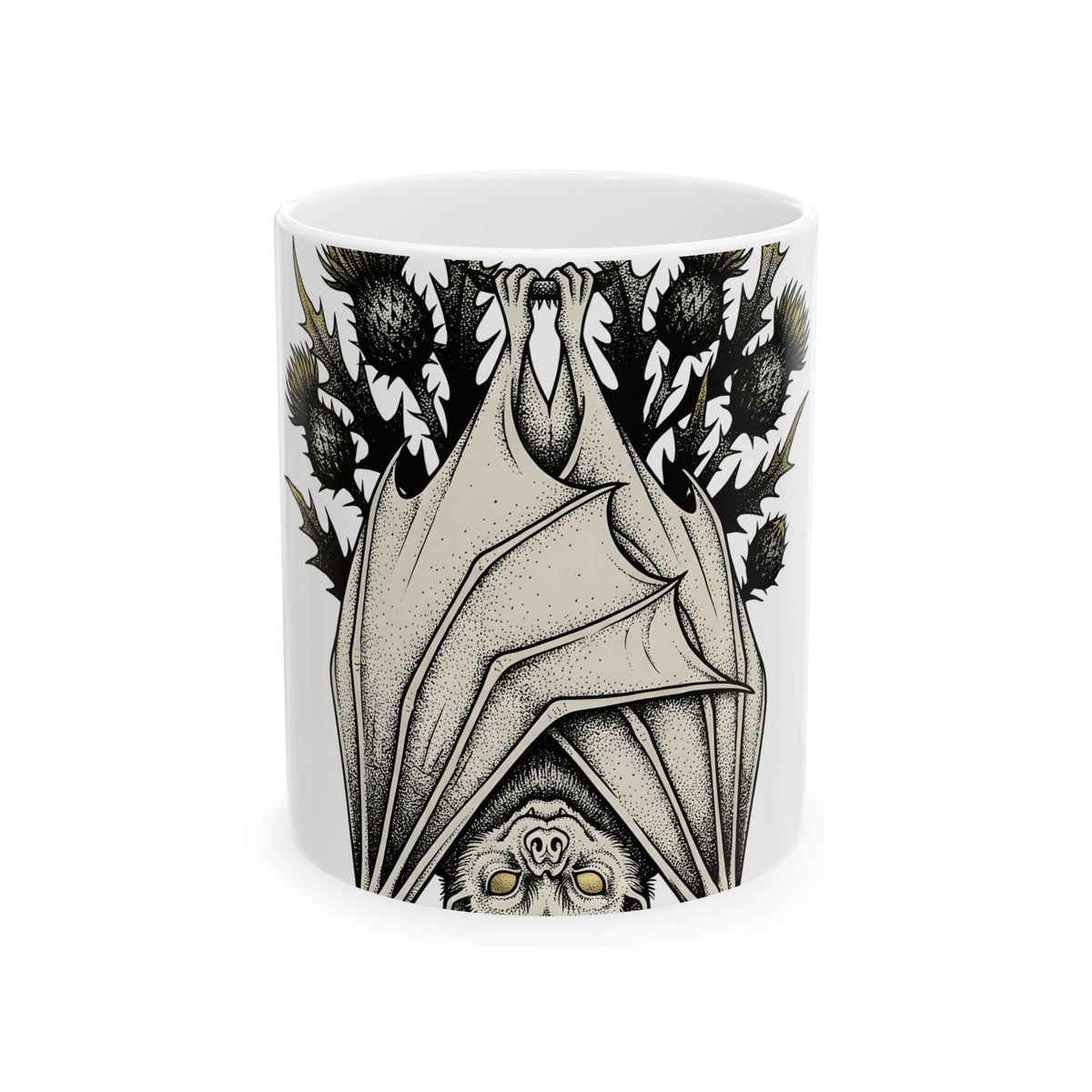 Bat Design Mug Halloween Greenery Gift Women Macabre Mug Bat Mug Horror Fan Dark Mug Foliage Graphic Sketch Bloom Mug