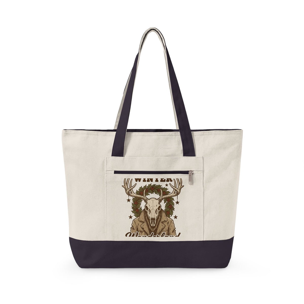 Antler Skull Tote Bag Christmas Frost Gift Women Throwback Tote Bag Deer Skull Tote Bag Xmas Fan Holiday Tote Bag Frosty Graphic Cartoon Pine Wreath