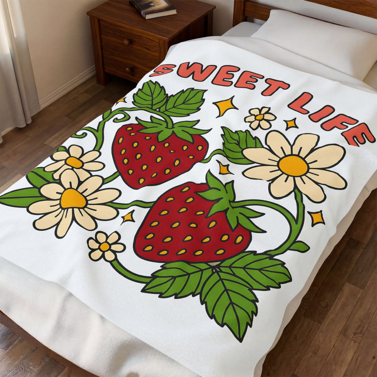 Strawberry Flower Boho Chic Produce Gift Strawberry Hippie Fan Illustrated Fruit Vintage Blanket