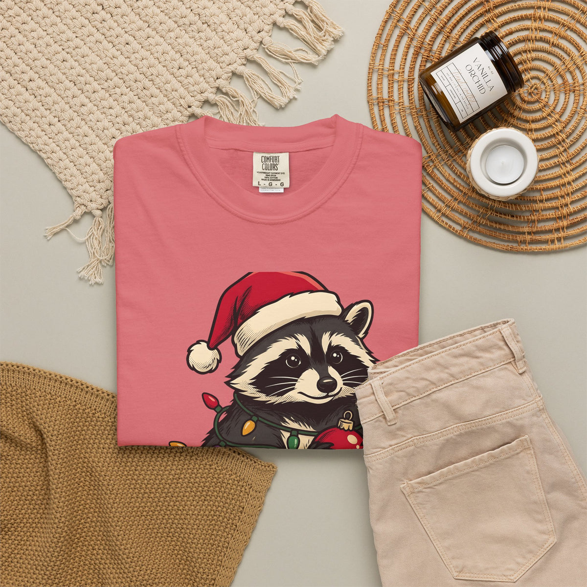 Raccoon Holiday Hat T-Shirt Christmas Creatures Gift Women Comic T-Shirt Trash Panda T-Shirt Xmas Fan Cartoon T-Shirt Animal Graphic Line Art
