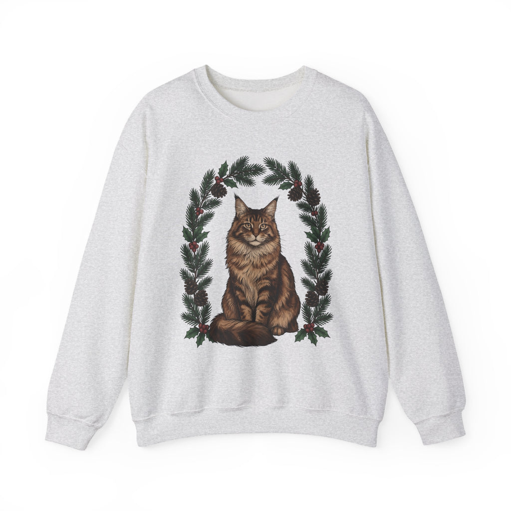 Maine Coon Kitten Sweatshirt Cat Holiday Gift Women Floral Sweatshirt Kitten Sweatshirt Cat Fan Fancy Sweatshirt Christmas Graphic Retro Pine Twigs Sweatshirt