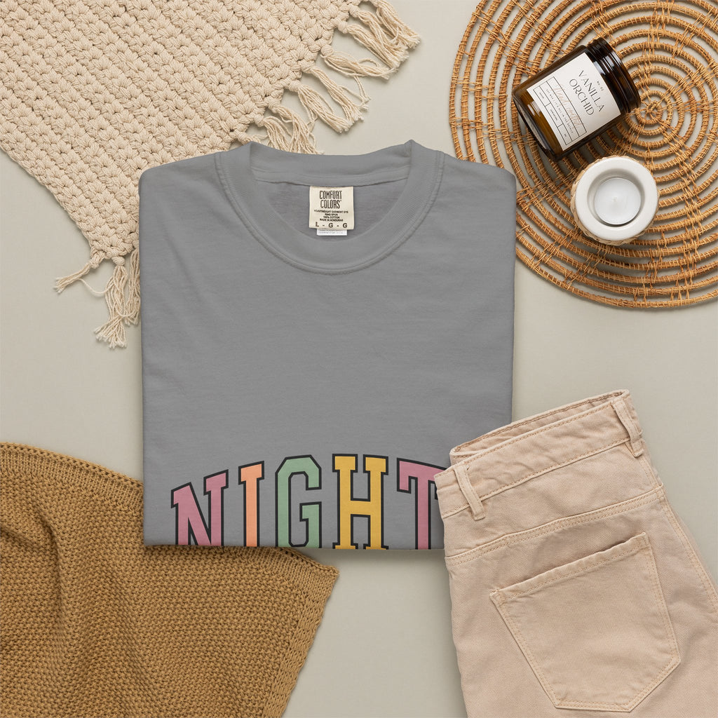 Varsity Lettering Design T-Shirt Nurses Graveyard Shift Gift Women Pale Hues T-Shirt Letterman T-Shirt Nursing Enthusiast Pastel T-Shirt Night