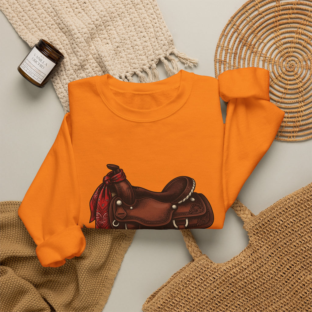 Western Saddle Cowgirl Western Gift Vintage Saddle Cowboy Fan Rodeo Hand Drawn Wheat Sweatshirt
