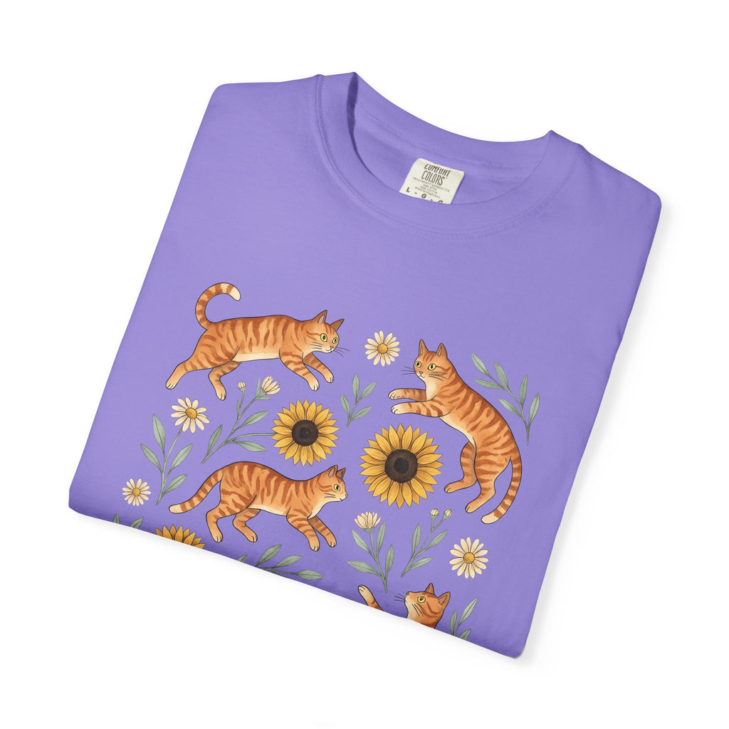 Ginger Cats T-Shirt Cat Flower Gift Women Cartoon T-Shirt Orange Cat T-Shirt Cat Fan Feline Graphic Illustration Comic T-Shirt Sketch Sunflower