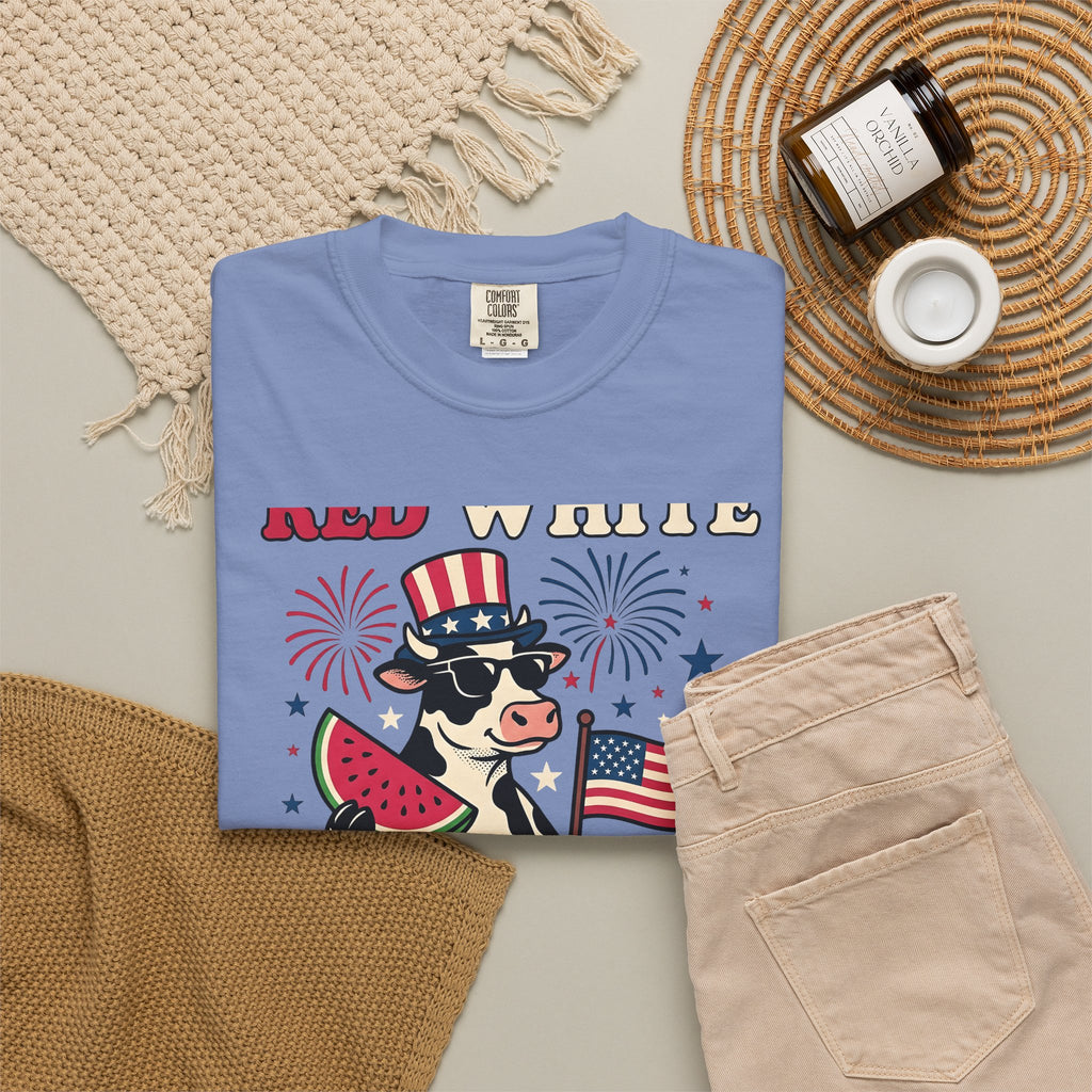Patriotic Cow T-Shirt 4th Of July Farming Gift Women Animated T-Shirt Cowgirl T-Shirt Independence Fan Cartoon T-Shirt Agricultural Graphic Classic