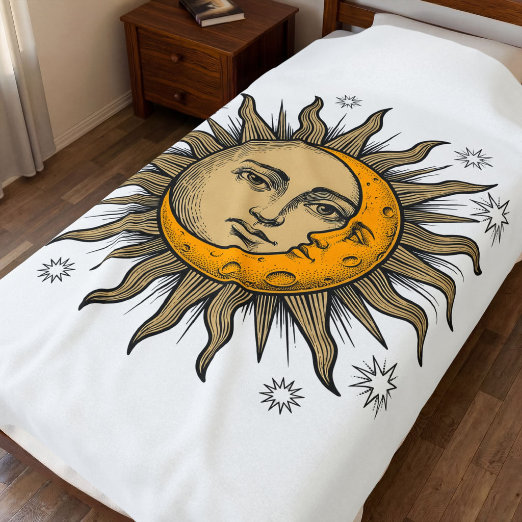 Sun Moon Faces Blanket Celestial Zodiac Gift Women Hippie Blanket Moonface Blanket Galaxy Fan Cosmic Blanket Astrology Graphic Retro Stars Blanket