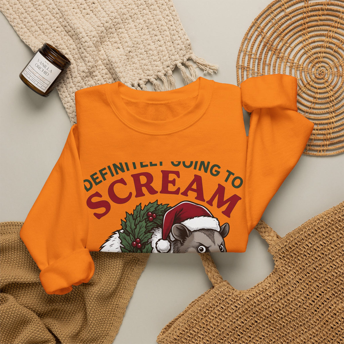 Possum Holiday Hat Sweatshirt Funny Critter Gift Women Sketch Sweatshirt Opossum Sweatshirt Humor Fan Doodle Sweatshirt Animal Graphic Line Art Xmas Wreath