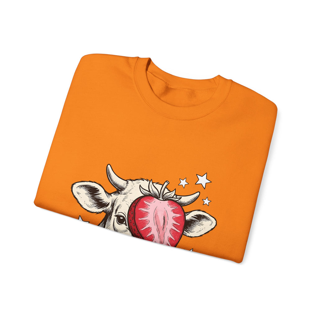 Cow Strawberry Sweatshirt Cute Animal Gift Women Hand Drawn Sweatshirt Cow Sweatshirt Adorable Fan Illustrated Sweatshirt Creature Graphic Whimsical Stars