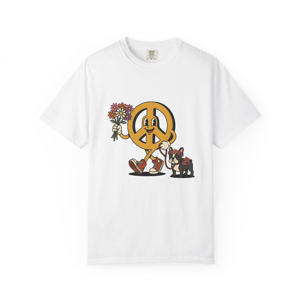 Peace Symbol Mascot T-Shirt Dog Festival Gift Women Animated T-Shirt Peace Sign T-Shirt Dog Fan Cartoon T-Shirt Rave Graphic Classic French Bulldog