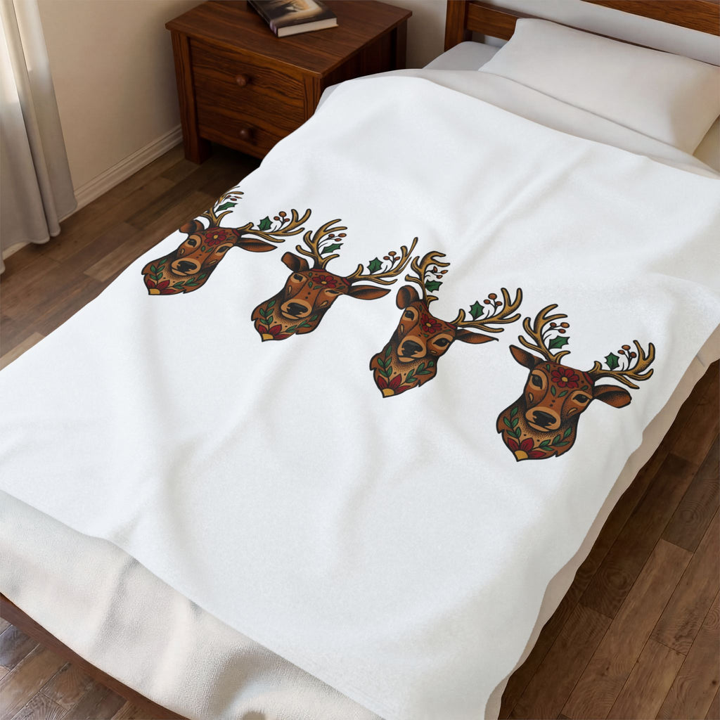 Reindeer Head Holiday Christmas Gift Folk Caribou Christmas Fan Primitive Xmas Vintage Holly Blanket