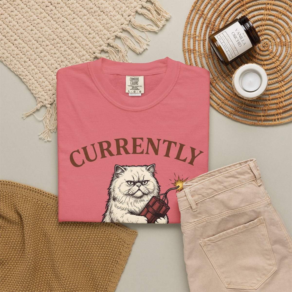 Upset Cat T-Shirt Funny Wildlife Gift Women Old School T-Shirt Angry Cat T-Shirt Humor Fan Vintage T-Shirt Animal Graphic Doodle Explosion T-Shirt