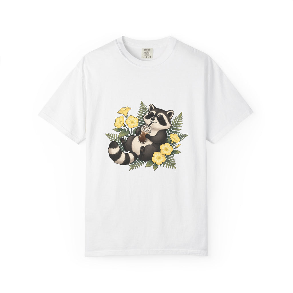Raccoon Cappuccino T-Shirt Coffee Pet Gift Women Cartoon T-Shirt Cappuccino T-Shirt Coffee Fan Caricature T-Shirt Animal Graphic Outline Florals