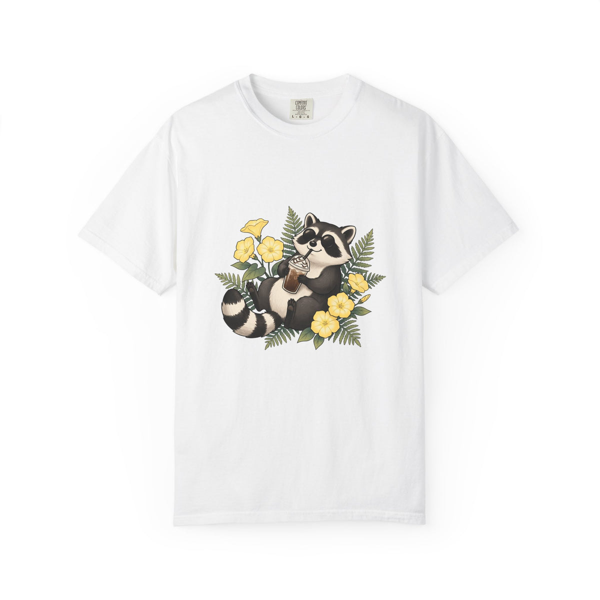 Raccoon Cappuccino T-Shirt Coffee Pet Gift Women Cartoon T-Shirt Cappuccino T-Shirt Coffee Fan Caricature T-Shirt Animal Graphic Outline Florals