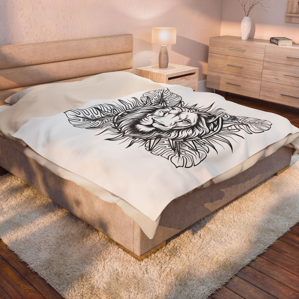 Lion Face Blanket Boho Chic Wildlife Gift Women Sketch Blanket Lion Blanket Bohemian Fan Drawing Graphic Wildlife Graphic Geometric Jungle Leaves