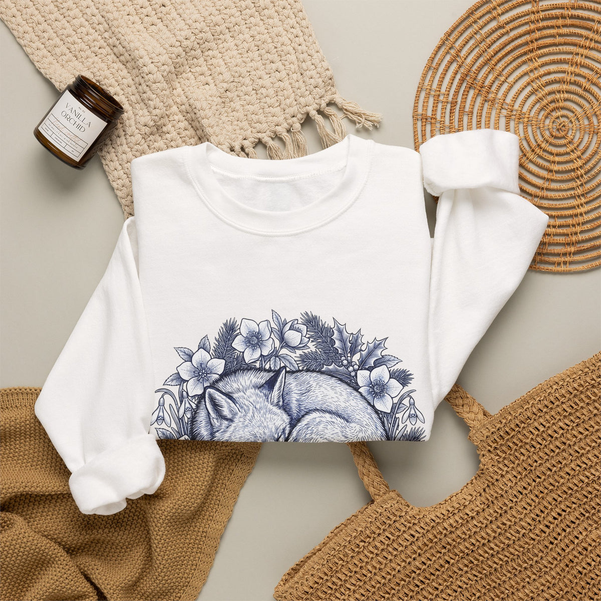 Fox Blossom Sweatshirt Christmas Creature Gift Women Cartoon Sweatshirt Flower Sweatshirt Xmas Fan Comic Sweatshirt Beast Graphic Hand Drawn Pine Branch Sweatshirt