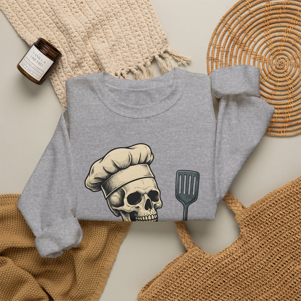 Skeleton Cook Sweatshirt Barbecue Fun Gift Women Classic Sweatshirt Skeleton Sweatshirt Bbq Fan Vintage Sweatshirt Humor Graphic Line Art Grill Spatula Sweatshirt