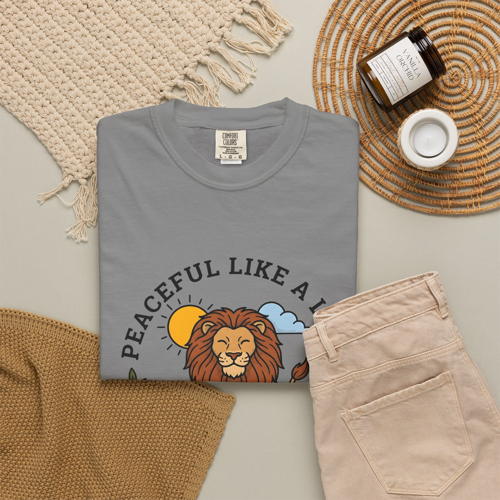 Meditating Lion T-Shirt Yoga Mindfulness Gift Women Cartoon T-Shirt Lioness T-Shirt Yoga Enthusiast Comic T-Shirt Meditation Graphic Minimalist Sun