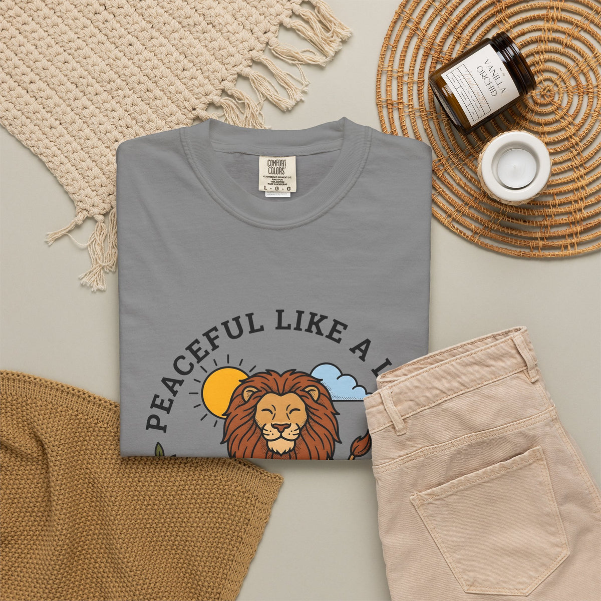 Meditating Lion T-Shirt Yoga Mindfulness Gift Women Cartoon T-Shirt Lioness T-Shirt Yoga Enthusiast Comic T-Shirt Meditation Graphic Minimalist Sun