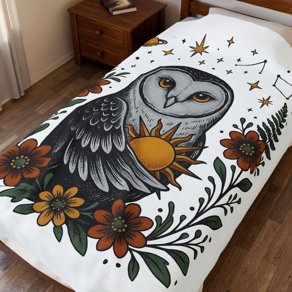 Owl Sun Boho Chic Nature Gift Boho Hoot Bohemian Fan Hippie Environmental Vintage Floral Blanket
