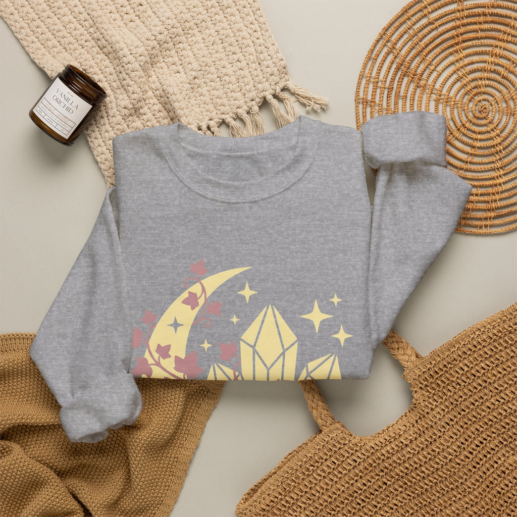 Moon Gems Sweatshirt Boho Chic Wellness Gift Women Starry Sweatshirt Lunar Stones Sweatshirt Bohemian Fan Celestial Sweatshirt Holistic Graphic Sleek Greenery