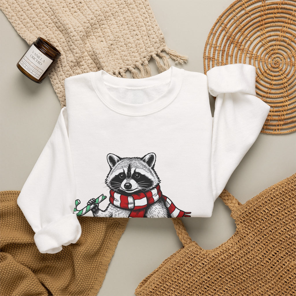 Raccoon Illustration Sweatshirt Animals Holiday Gift Women Sketch Sweatshirt Trash Panda Sweatshirt Wildlife Fan Drawing Graphic Christmas Retro Peppermint