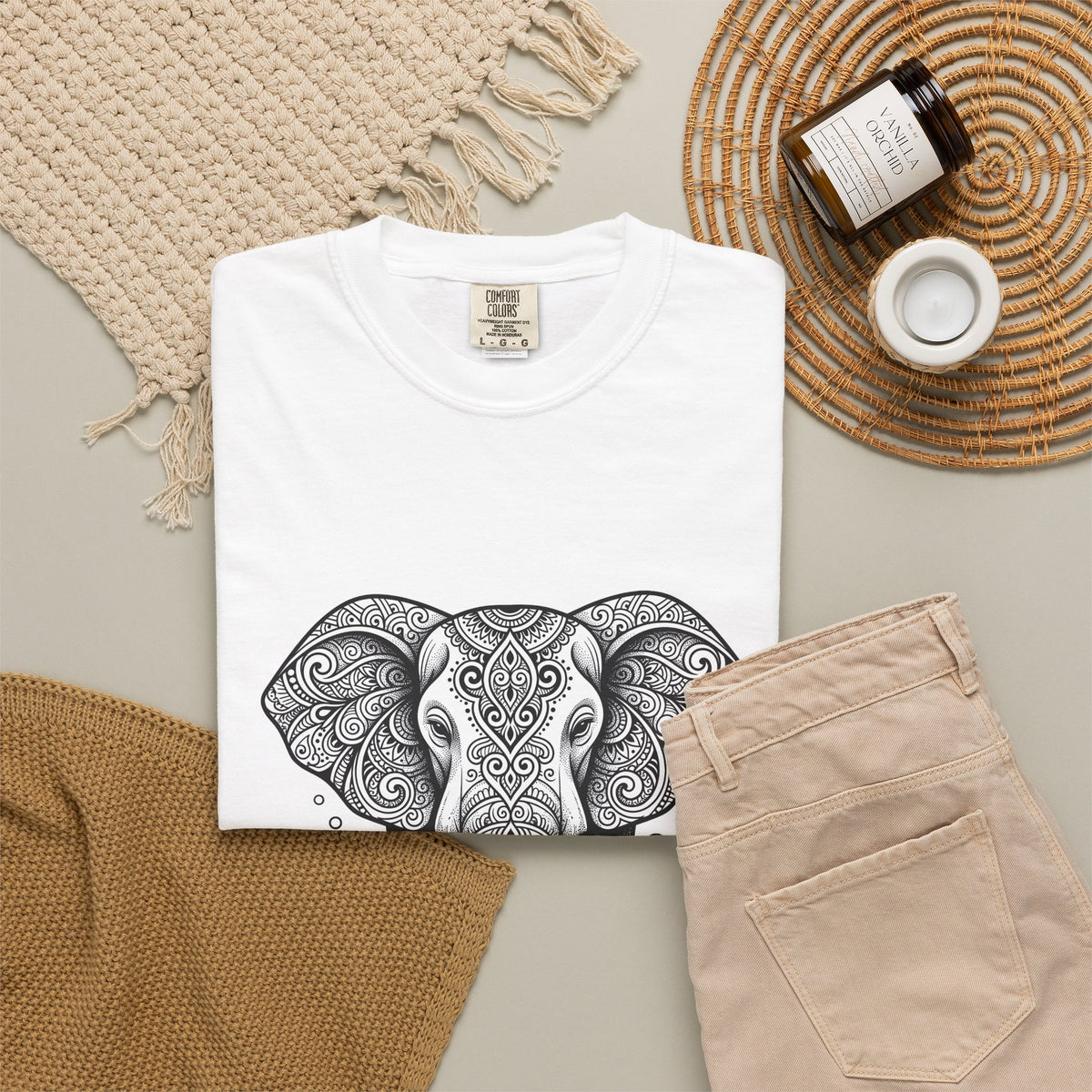 Elephant Art T-Shirt Boho Chic Critter Gift Women Hippie T-Shirt Pachyderm T-Shirt Bohemian Fan Psychedelic T-Shirt Animal Graphic Line Art